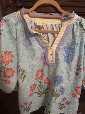 Umgee Light Blue Quilted Floral Pajama Top with Purple and Cream Trim